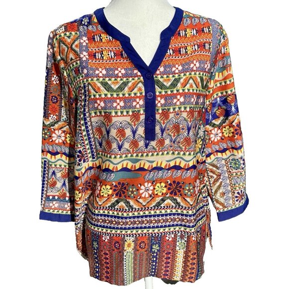 Serengeti Tribal Aztec Print Tunic Size L Multi Color Top Popover Blouse SW Vibe - Picture 1 of 9
